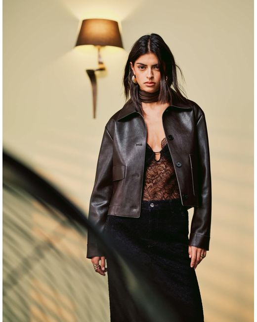 Mango Black Faux Leather Button Up Jacket