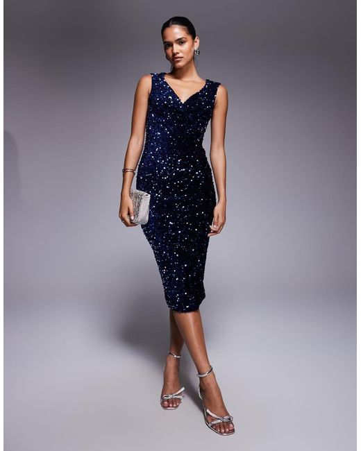 Goddiva Blue Multi Sequin & Velvet Bardot Midi Dress