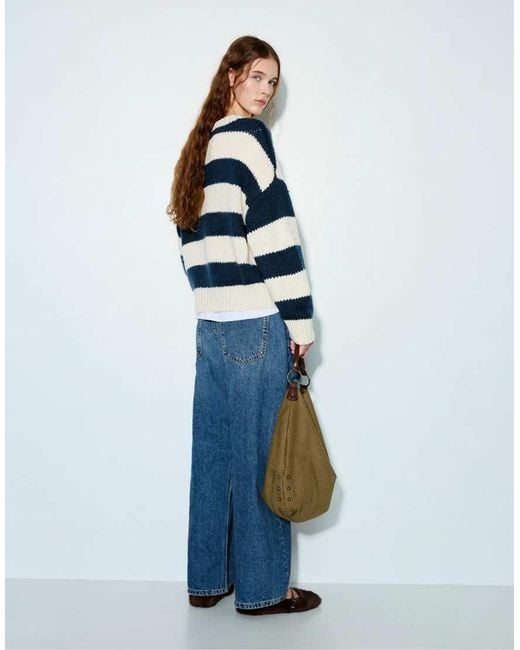 Pull&Bear Blue Chunky Striped Knit Sweater