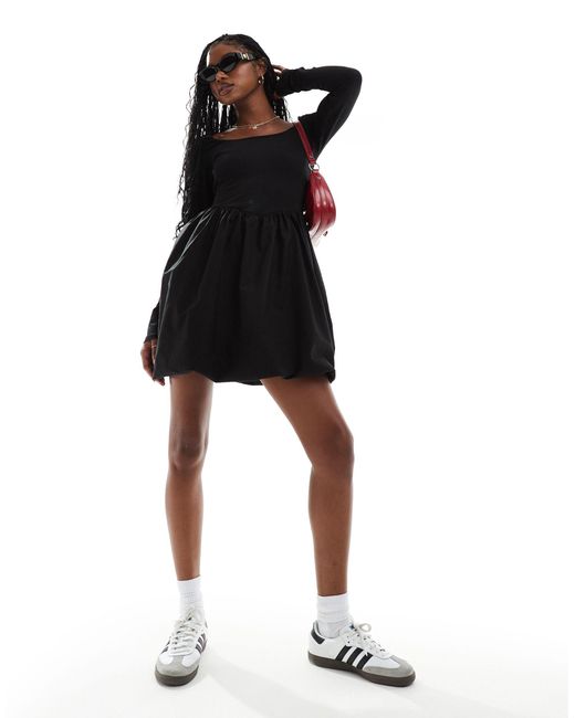 ASOS Black Square Neck Long Sleeve Mini Dress With Bubble Hem