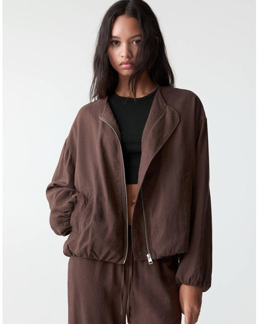 Pull&Bear Brown Linen Blend Bomber Jacket