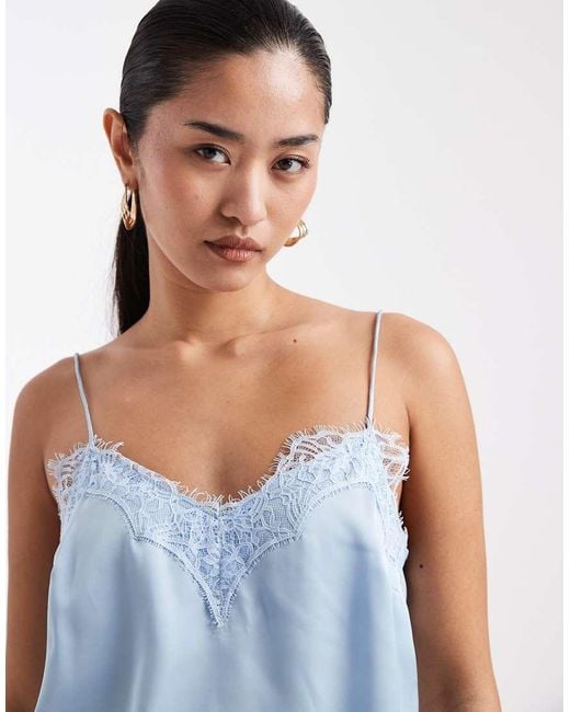 New Look Blue Longline Asymmetric Lace Trim Satin Cami Top