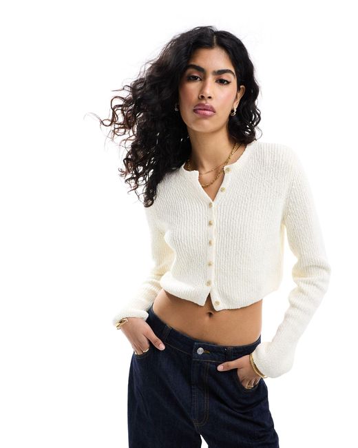 & Other Stories White Cropped Knitted Ribbed Cardigan With Button Front
