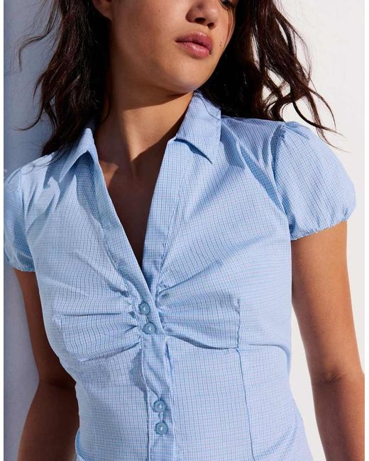 Bershka Blue Short Sleeve Poplin Shirt With Bow