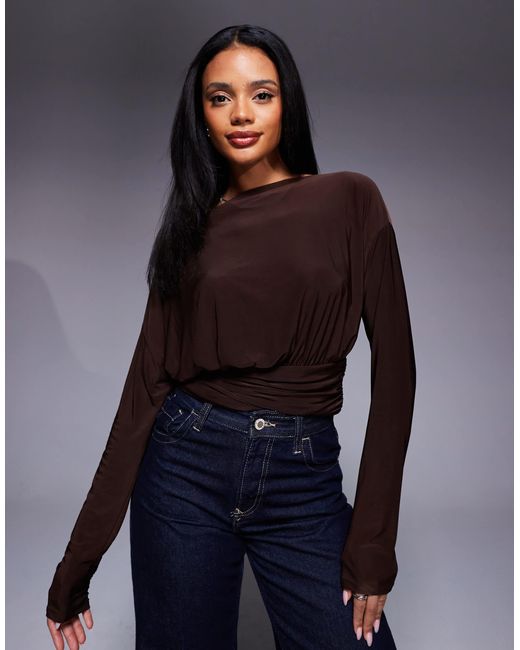 ASOS Blue Slinky Asymmetric One Shoulder Long Sleeve Top With Cinch Waist Detail