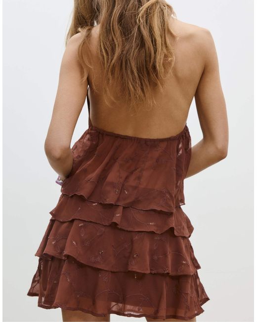 Top froncé à dos nu et sequins - marron Stradivarius en coloris Brown
