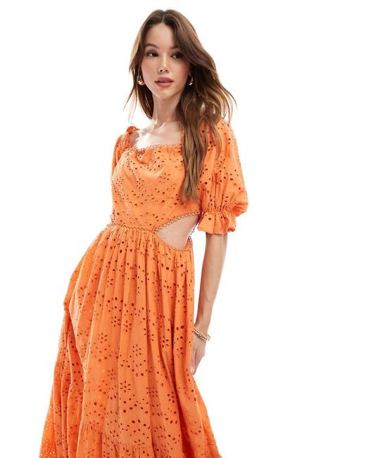 Maya Orange Broderie Cut Out Waist Midaxi Dress