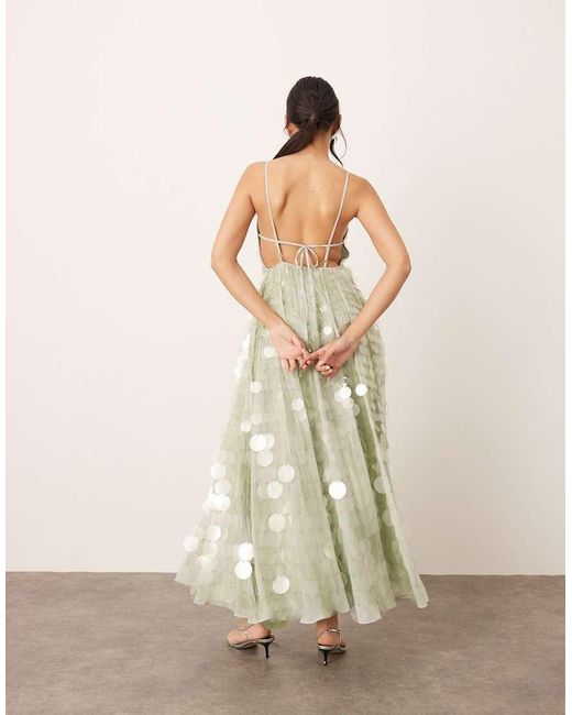 Vestito Midi Con Spalline Sottili E Gonna A Ruota Schiuma Marina Decorato Con Paillettes di ARRANGE in Natural