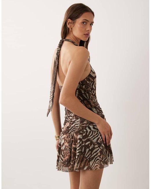 New Look Brown Animal Halter Neck Ruched Mini Dress