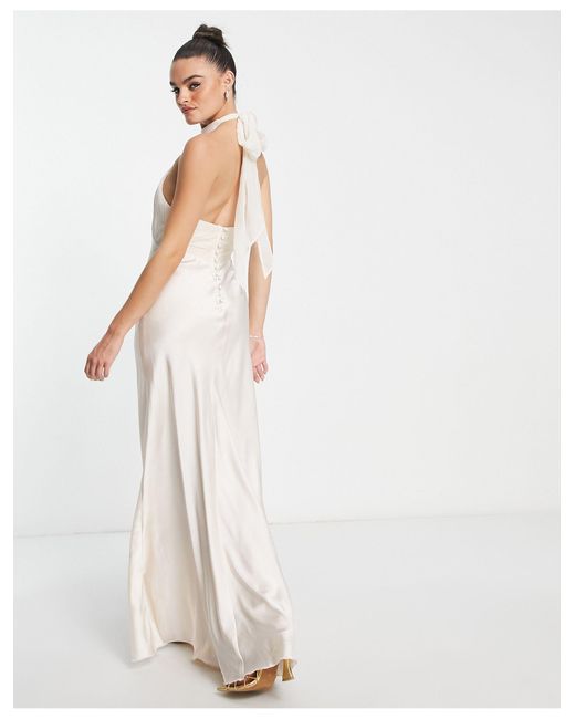 ASOS Natural Bridesmaid Soft Pleated Halter Maxi Dress With Satin Skirt