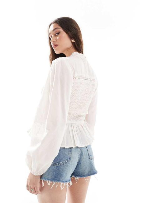 ASOS White Shirred And Lace Insert Detail Long Sleeve Top