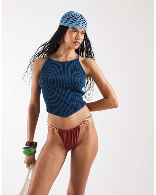 Reclaimed Vintage Blue Knitted Cami With Strappy Back Detail And Beads