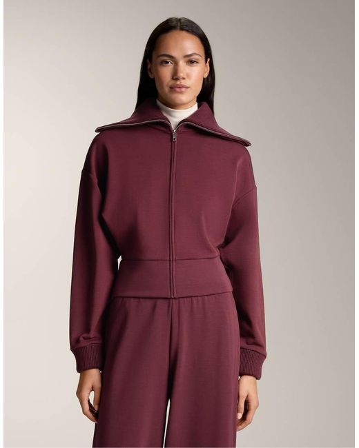 Oysho Red Fitted Waist Knit Collar Jacket With Brushed Modal