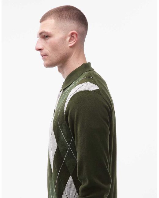 Tommy Hilfiger Green Argyle Pattern Long Sleeve Knitted Rugby Polo Shirt for men