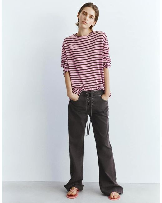 Pull&Bear Red Long-sleeve Striped T-shirt
