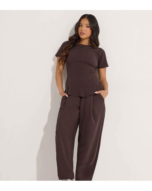 PixieGirl Brown Petite Jersey Pleated Barrel Trousers