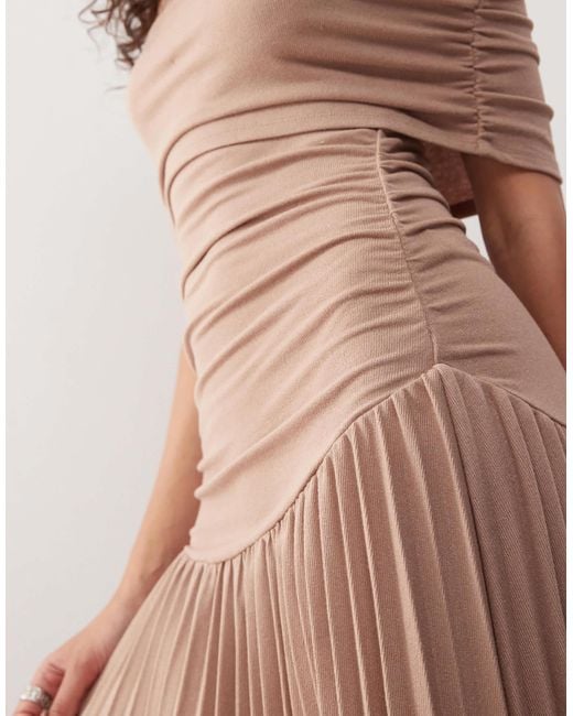Lioness Natural Field Of Dreams Bardot Ruched Waist Pleated Drop Hem Maxi Dress