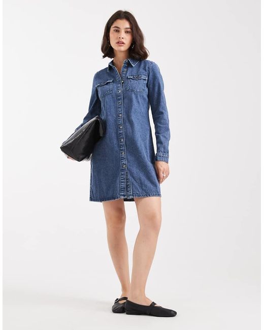 Vero Moda Denim Overhemdjurk Met Lange Mouwen in het Blue