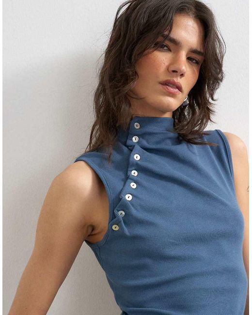TOPSHOP Blue Asymmetric Button Detail Sleeveless