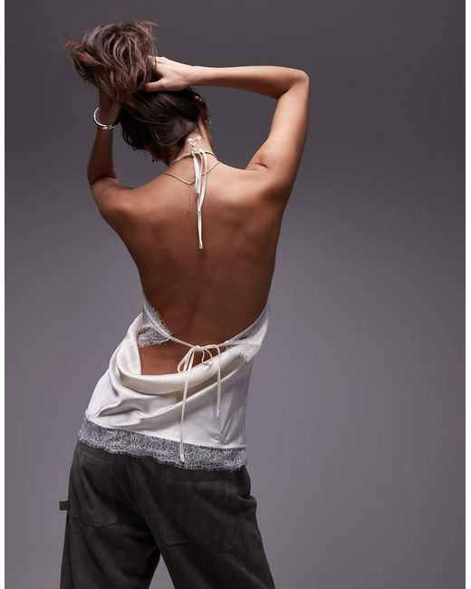 TOPSHOP Haltertop Van Satijn Met Kanten Rand in het Gray