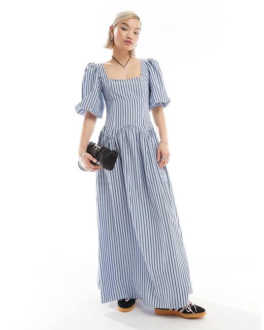 Glamorous Blue Volume Sleeve Square Neck Drop Waist Maxi Dress