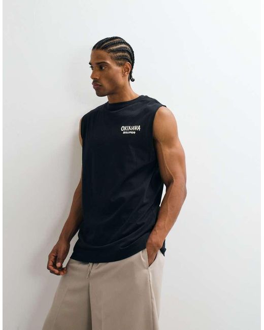 Camiseta Negra Extragrande Sin Mangas Con Estampado De Dragón En La Espalda Only & Sons de hombre de color Black