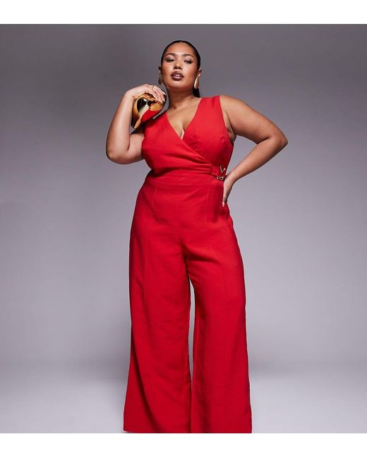 ASOS Red Asos Design Curve Wrap Front Cut Out Jumpsuit With Buckle Detail