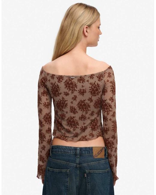 Superdry Brown Flocked Mesh Long Sleeve Top