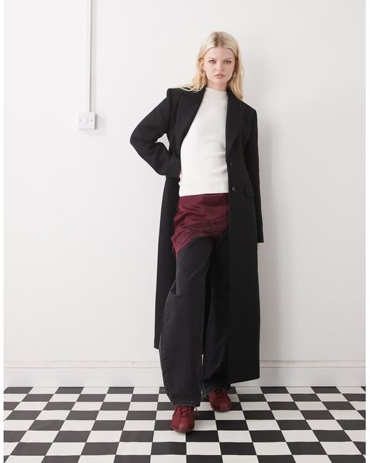 Monki Black Maxi Length Coat With Wool