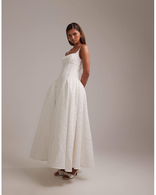 white bridesmaid dresses asos ASOS DESIGN bardot draped satin maxi wedding dress in white