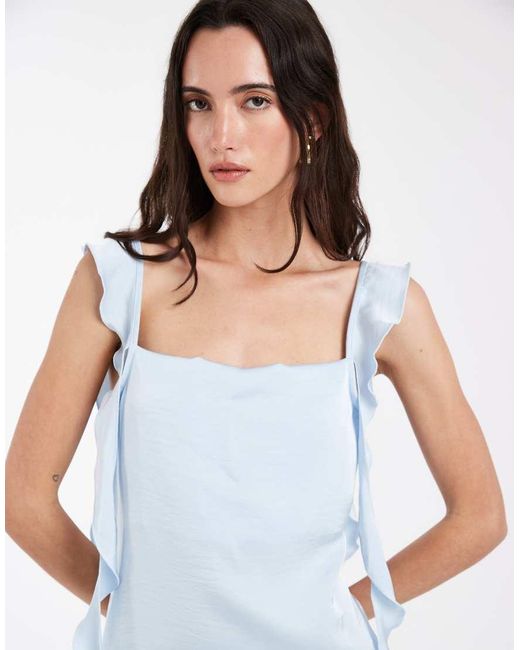 Vero Moda Blue Satin Cowl Neck Maxi Dress With Draping Frill Detail