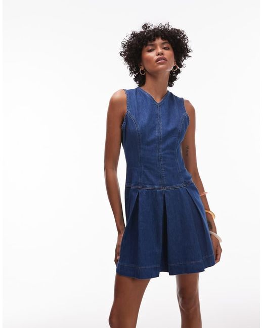 TOPSHOP Denim Mini Jurk Met V-Hals En Boxplooi in het Blue