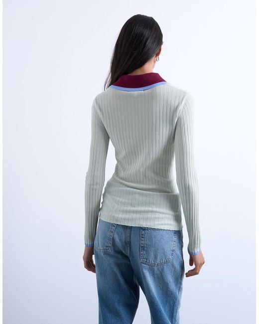 TOPSHOP White Knitted Contrast Collar Sheer Rib Polo