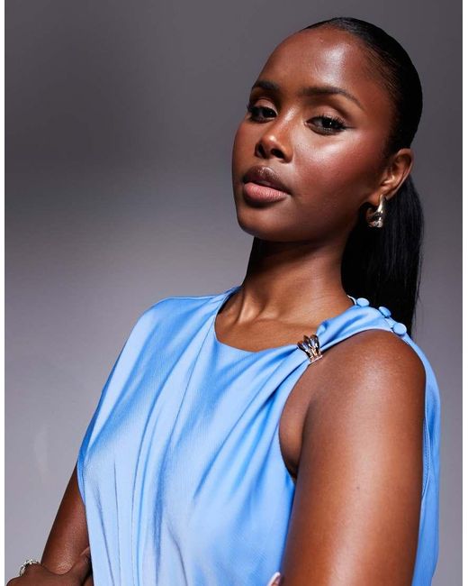 ASOS Blue Drape Bodice Satin Midi Dress With Trim Detail