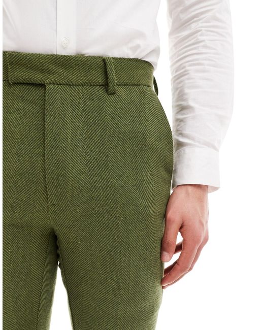 Wedding - pantaloni da abito skinny kaki a spina di pesce di ASOS in Green da Uomo