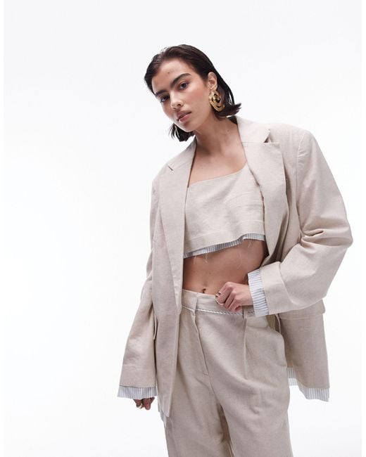 TOPSHOP White Co Ord Oversized Linen Blazer With Exposed Stripe Linng