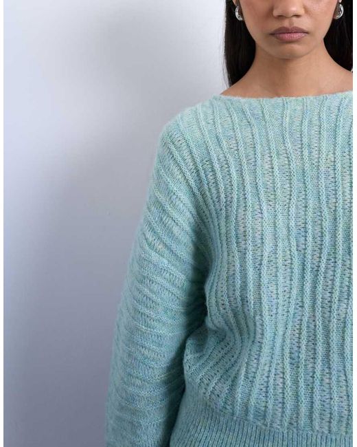 TOPSHOP Blue Knitted Slash Neck Wave Textured Jumper