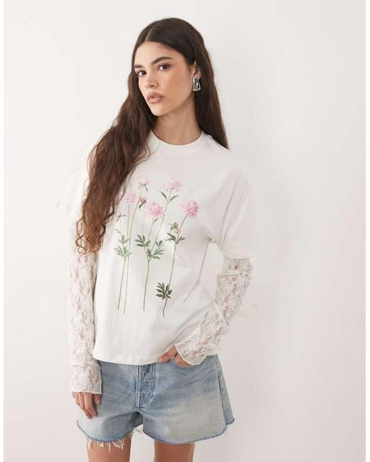 Miss Selfridge White Oversized T-shirt With Lace Sleeve And Flower Print