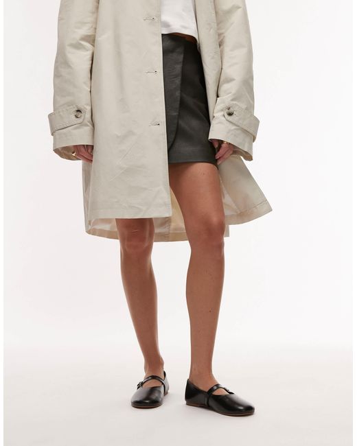 TOPSHOP Brown Ash Real Leather Ruched Ballet Flat Shoes With Buckle