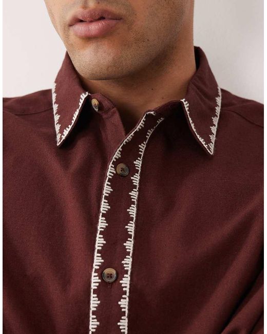 ASOS Red Boxy Oversized Shirt With Linen And Embroidery for men