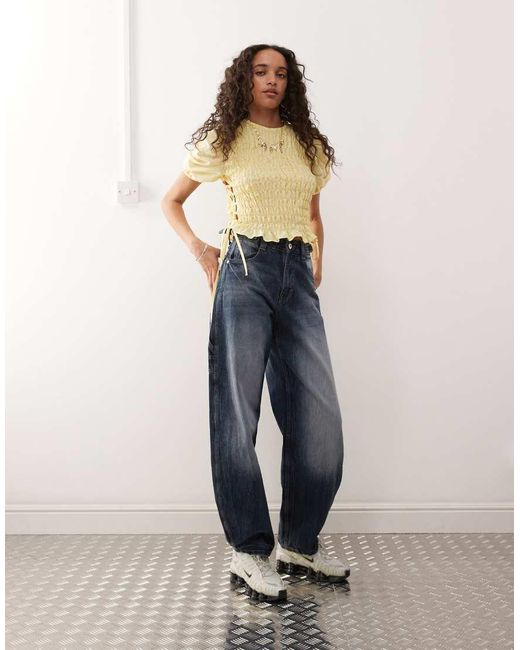 Collusion Natural Shirred Top With Lace Up Detail At Side