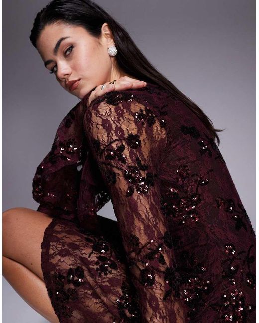 ASOS Brown Sequin Lace Slash Neck Mini Dress With Hanky Sleeve