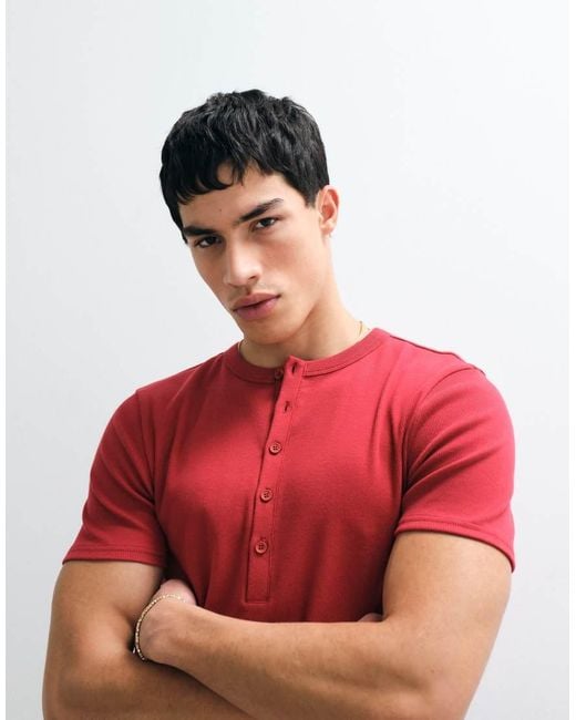 ASOS Red Muscle Fit T-shirt With Henley Neck for men