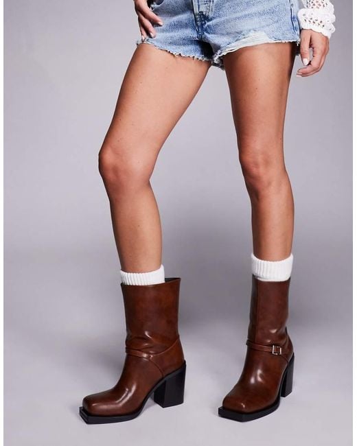 Public Desire Brown Public Desire Dusty Wide Fit Square Toe Heeled Ankle Boots