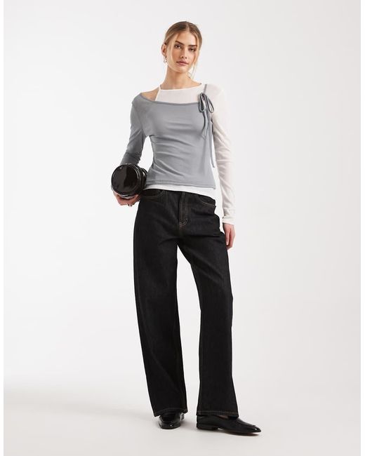ASOS Gray Ribbed Long Sleeve Double Layer Top With Tie Details
