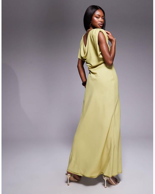 ASOS Green High Neck Satin Shoulder Pad Maxi Dress With Cowl Back