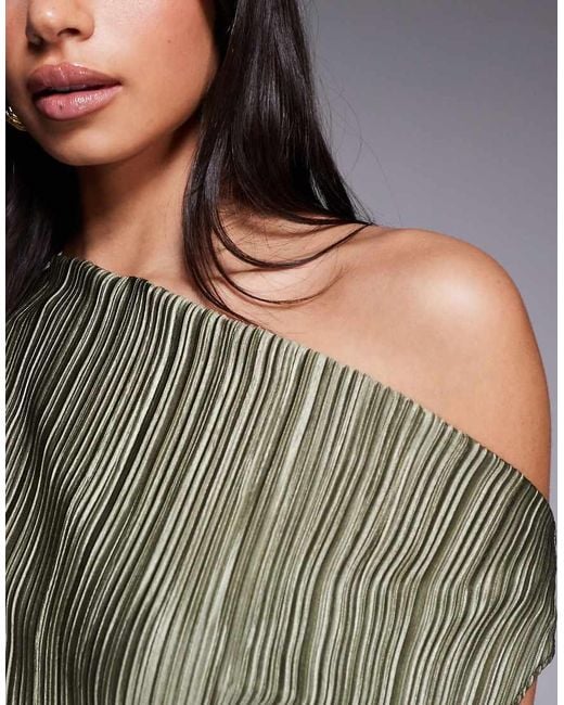 ASOS Green Plisse Twist Waist One Shoulder Midi Dress