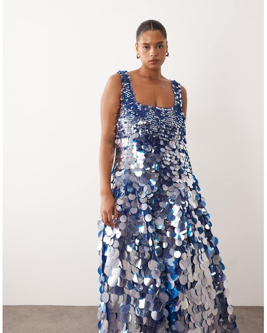 ARRANGE Blue Curve Embellished Disc Sequin Square Neck Full Skirt Midi Dress