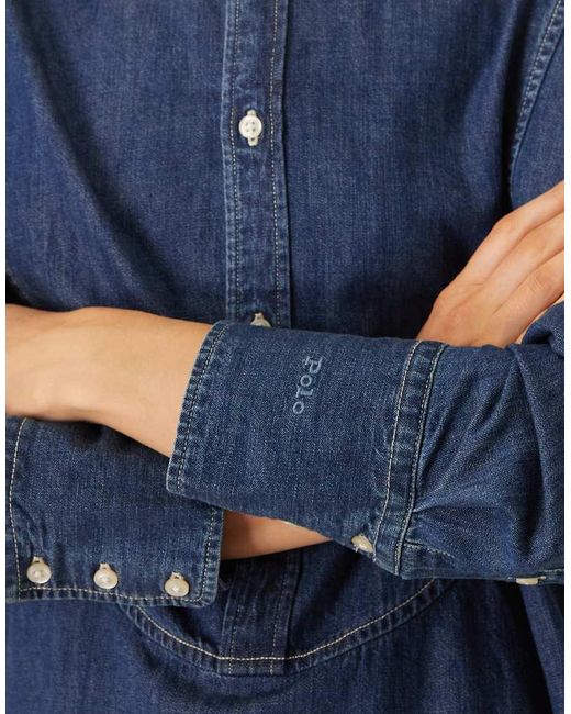Polo Ralph Lauren Blue Icon Logo Bib Front Oversized Denim Shirt