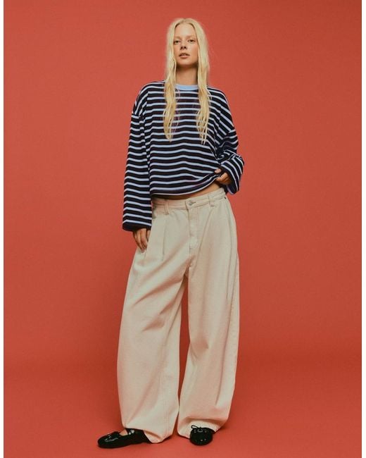 Bershka Blue Striped Boxy Long Sleeve T-Shirt